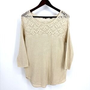 Women's Jeanne Pierre Size Large Cream Tunic Top 3/4 Sleeve Open Knit Crochet